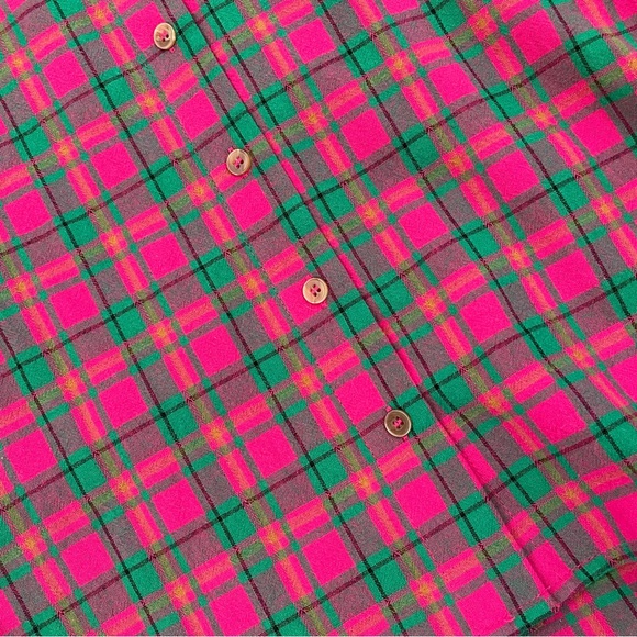Entro Vibrant Puff Sleeve Hot Pink & Green Oversized Plaid Cotton Top - Picture 14 of 15